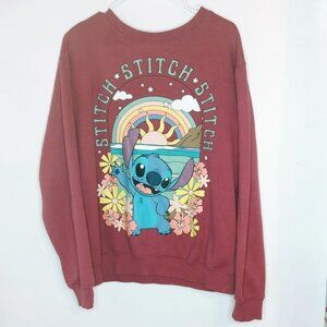 Disney Stitch XL Sweatshirt Rainbow Sunset Graphic & Floral Design Pink